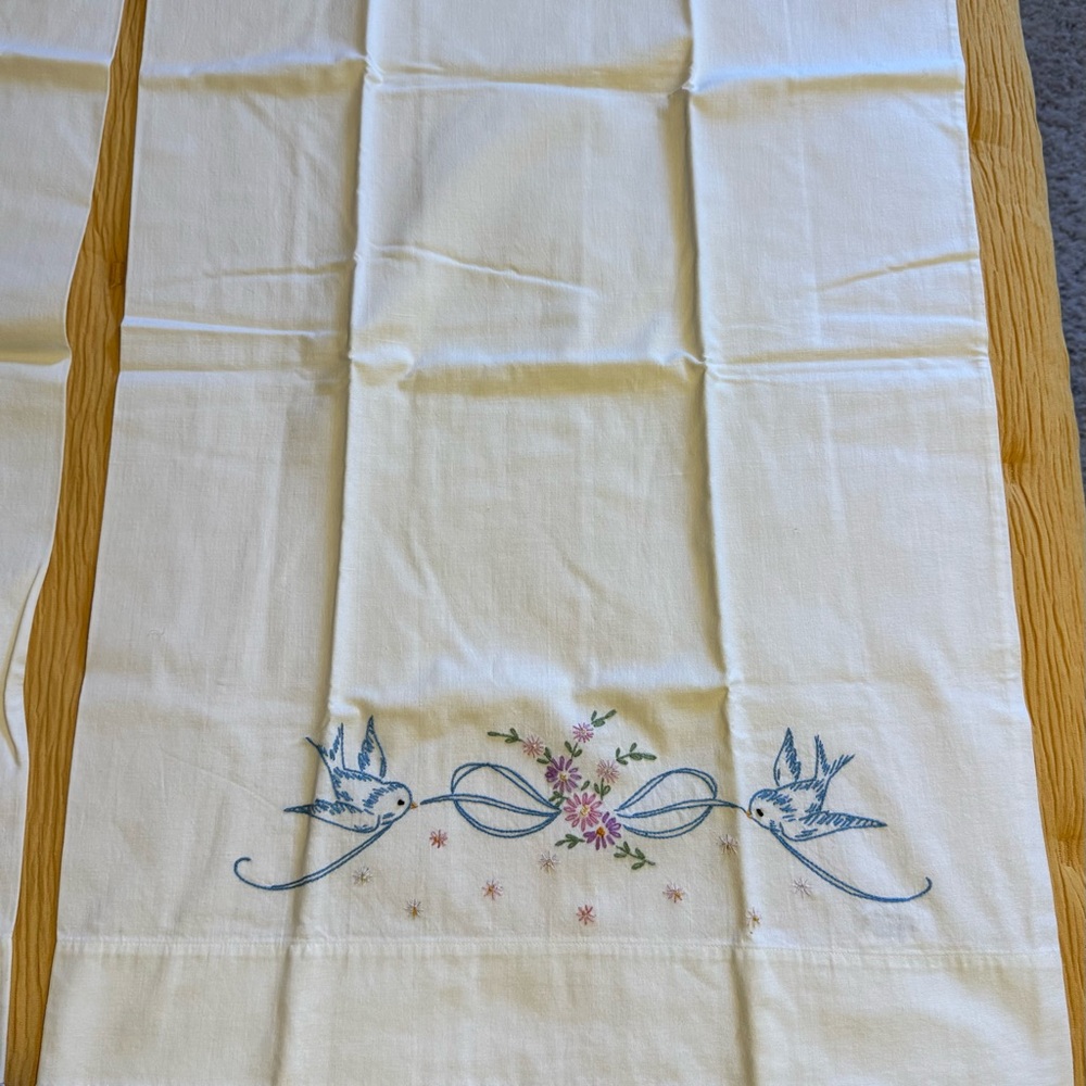 Embroidered White Pillow Cases with Birds and Flowers